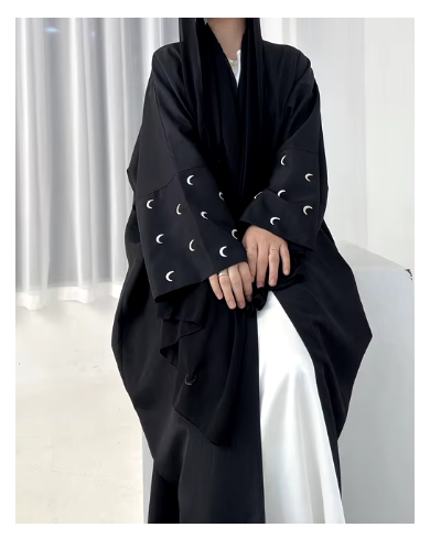 Abayas ouvertes en lin pour femmes avec broderie coeur et lune